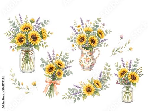 Watercolor sunflower and lavender floral bouquets in vases and jars isolated set