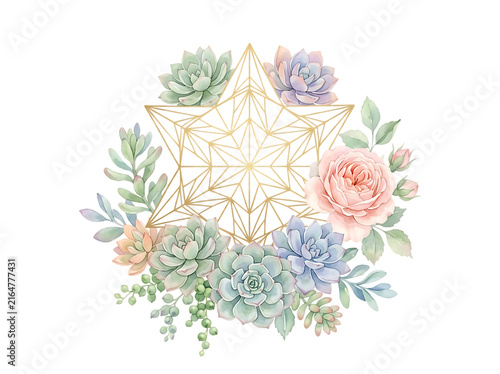Watercolor succulent and flower wreath with gold geometric star frame on white background