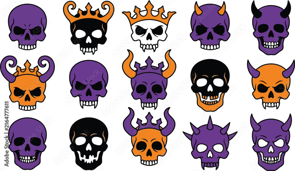 Fototapeta premium Halloween Skull Clipart Set of 15 Purple Orange Vector Designs