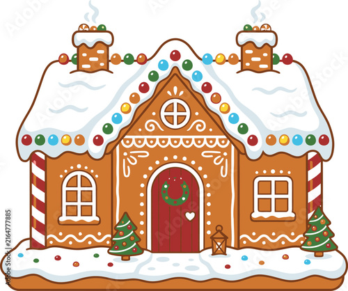 Bild auf Leinwand Christmas gingerbread house with snowy roof candy decorations and festive wreath