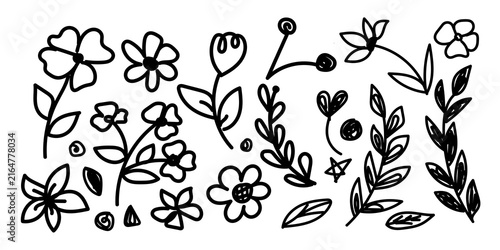 Set of hand drawn floral elements and botanical doodles in a simple black and white line style