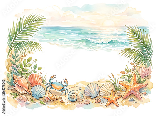 Watercolor beach frame with seashells, starfish, crab and palm leaves on white background