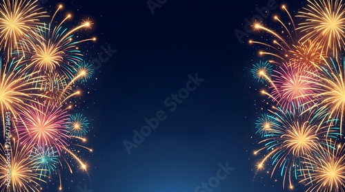 Bright colorful fireworks side border frame, on dark blue background with central copy space, for festival and celebration background concept