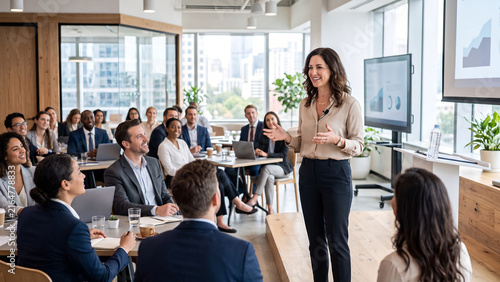 Confident businesswoman presenting a financial chart on screen to her team perfect for a corporate strategy and development concept