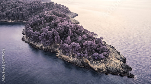 Aerial view of a forested island surrounded by calm sea water at sunset or sunrise