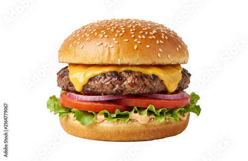 Obraz na plátně Juicy beef cheeseburger with melted cheddar cheese, red onion, tomato, and lettu