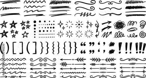 Bild auf Leinwand Collection of hand drawn ink doodle elements including lines dividers stars arro
