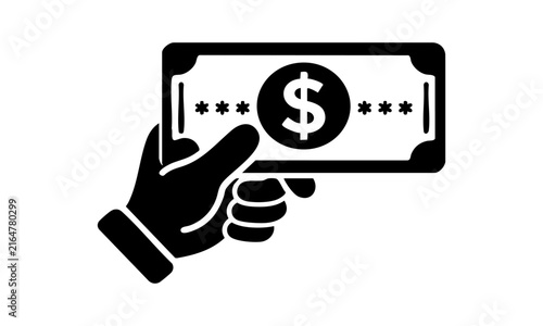 Black icon of a human hand holding a paper money bill with a dollar sign symbol