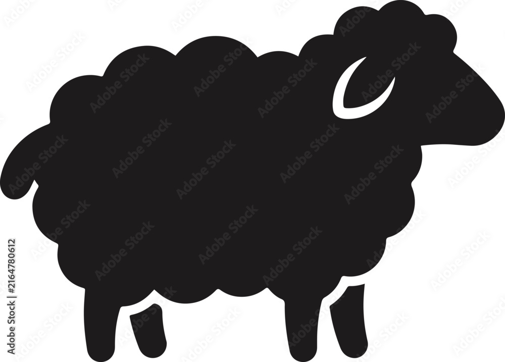 Obraz premium Standing fluffy sheep animal silhouette, minimalist pastoral icon style black and white vector illustration