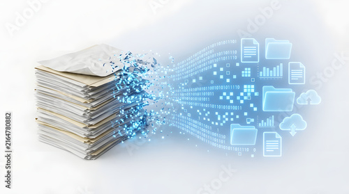 Paper document file dissolving and transforming into glowing blue digital data file representing digitalization process isolated on white