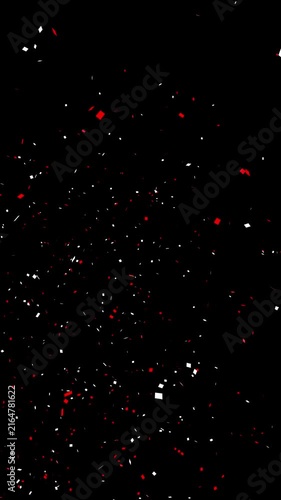 Red and white confetti blast and falling down against a black background festive, 4K video
