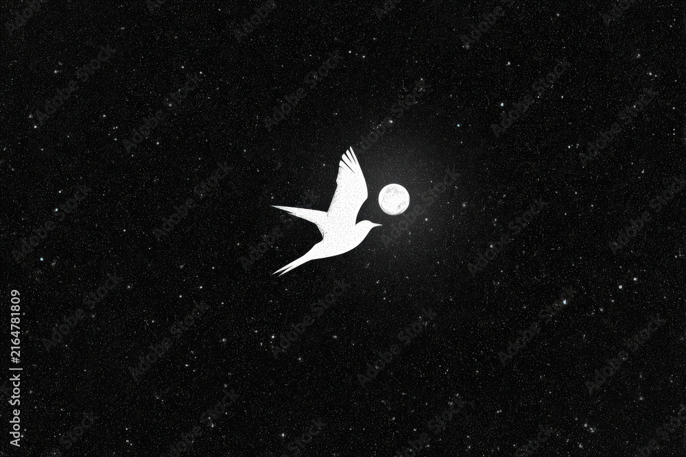 Fototapeta premium A Dove's Flight Under the Full Moon: A solitary white dove glides serenely against a starlit night sky, with a luminous full moon as its celestial companion. A symbol of peace and hope.