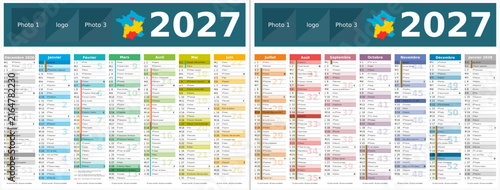 Avec vacances 2027 - Calendrier 2027 14 mois au format 320 x 420 mm recto verso entièrement modifiable via calques et texte sans serif