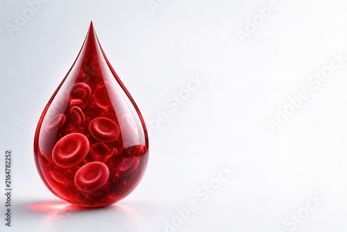 Red blood cells inside blood droplet with copy space
