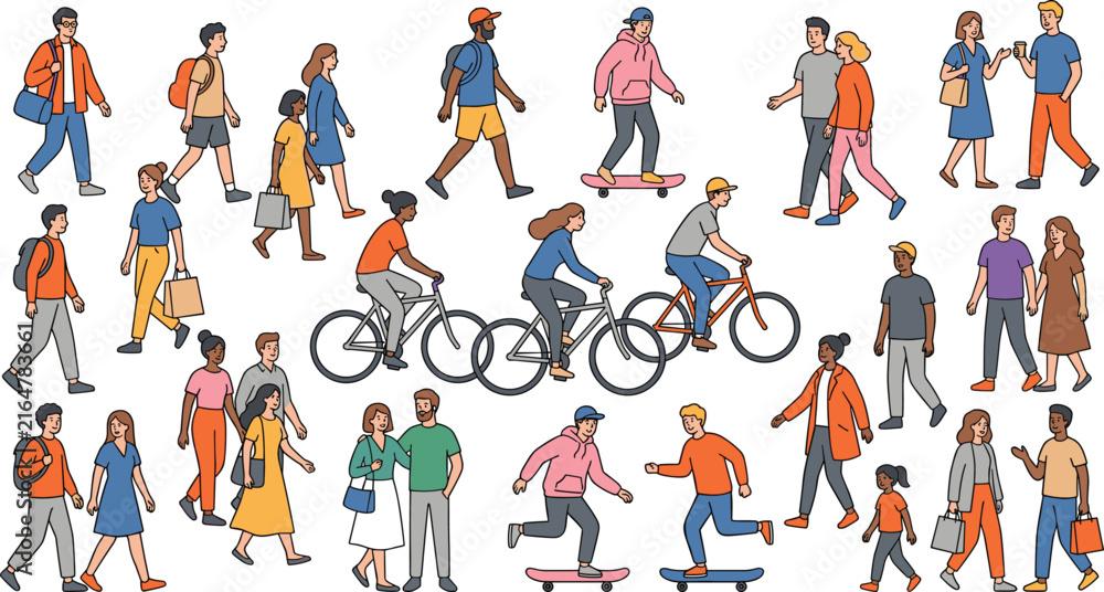 Fototapeta premium Diverse People Walking Cycling and Skateboarding Outdoor Lifestyle Character Collection Isolated on White Background Vector Illustration