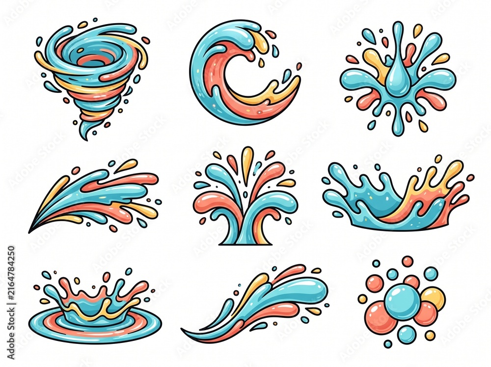 Fototapeta premium Set of colorful cartoon water splashes, waves, and liquid elements in various dynamic forms and styles.