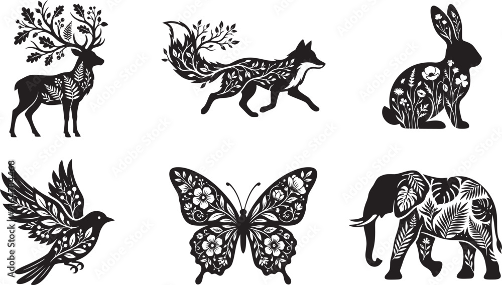 Obraz premium Botanical Animal Silhouette Collection Featuring Deer, Fox, Rabbit, Bird, Butterfly and Elephant with Intricate Floral and Leaf Patterns Isolated on White Background