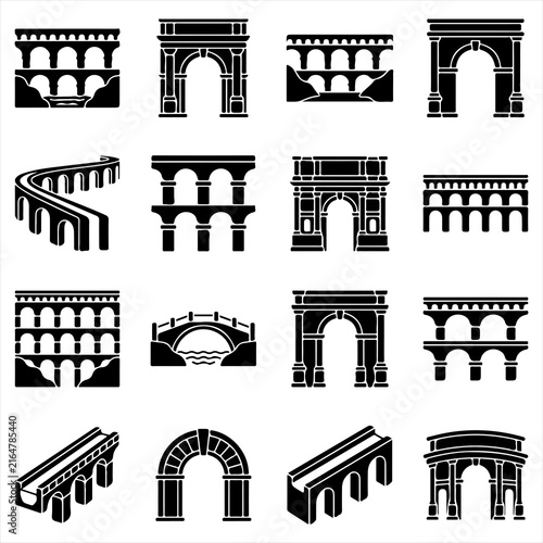 Ancient roman aqueducts and triumphal arches architecture icons with roman bridge triumphal arch historic bridge stone arch roman structure water supply glyph icon black icon aqueduct