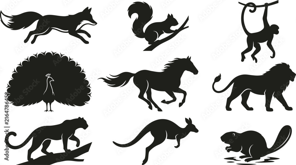 Naklejka premium Wild animal silhouette collection featuring fox, squirrel, monkey, peacock, horse, lion, cougar, kangaroo and beaver in dynamic black vector designs isolated on white.