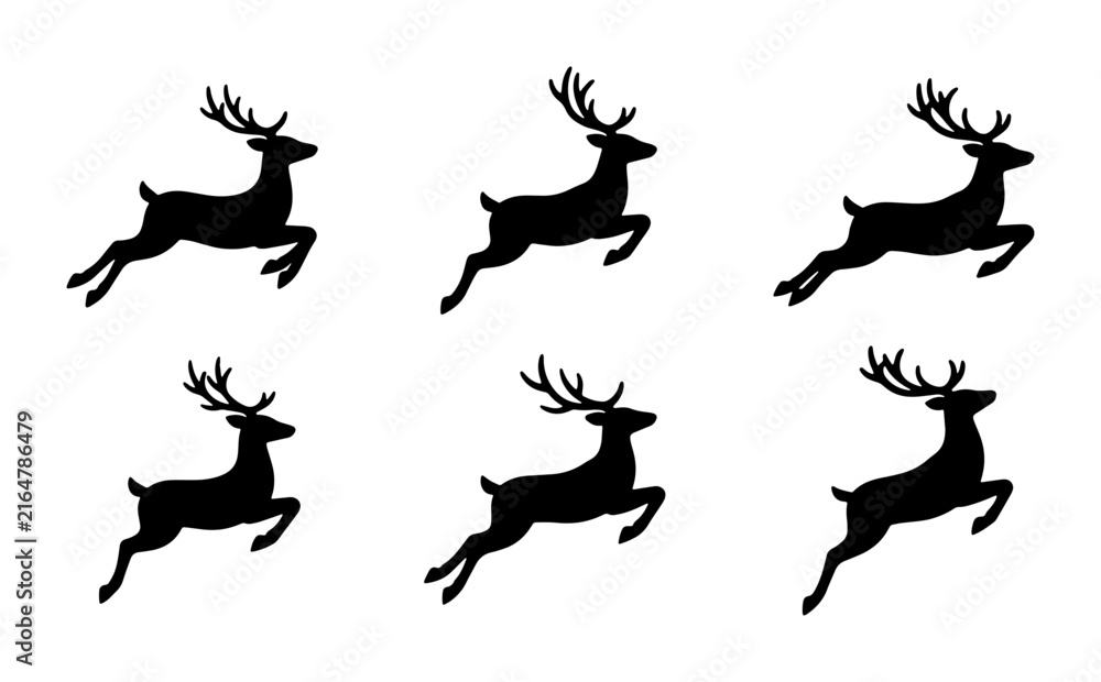 Fototapeta premium Reindeer silhouette set, jumping deer vector icons, black stag animal shapes for Christmas design