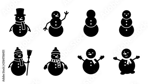 Snowman silhouette icon set, 8 winter character vectors, black holiday frost figures for design