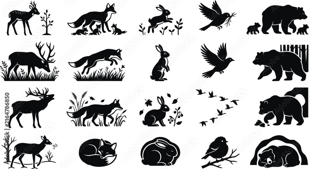 Obraz premium Wildlife animal silhouette collection featuring deer, fox, rabbit, birds, bears and forest creatures isolated on white background for nature design clipart illustration