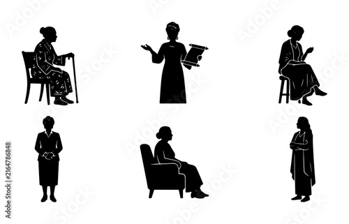 Obraz na płótnie Vintage silhouette set of elderly women, 6 vector icons of senior ladies in clas