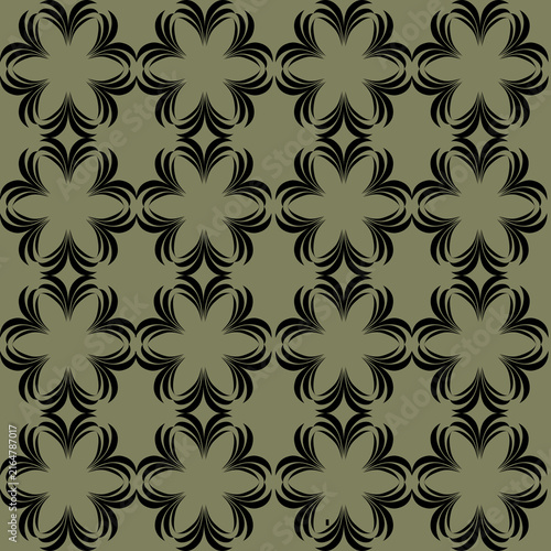 Black floral motif seamless pattern on olive green background, classic geometric vector art