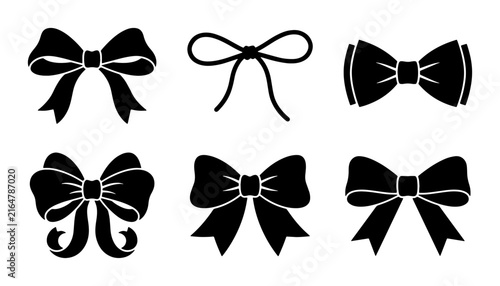 Black ribbon bow silhouettes, set of 6 decorative gift knots, elegant satin bow vector icons for wedding invitations and holiday packaging