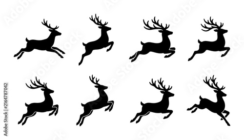 Reindeer silhouette vector set, jumping deer icons for Christmas design, 8 black stag elements for winter holiday cards
