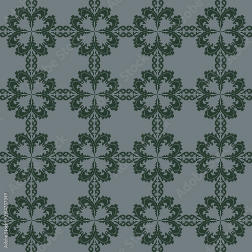 Vintage green floral ornament seamless pattern on grey background, ornate damask vector design
