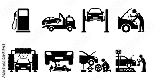 Car service icons set, automotive repair and maintenance symbols, 8 black vector pictograms for garage and gas station signage