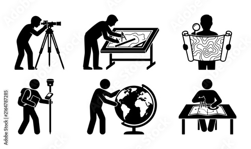 Fotografie Land surveyor and cartographer icons, professional geography and mapping pictogr