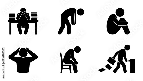 Burnout and stress icon set, 6 black stick figure pictograms of exhausted office workers, mental health and workplace fatigue symbols