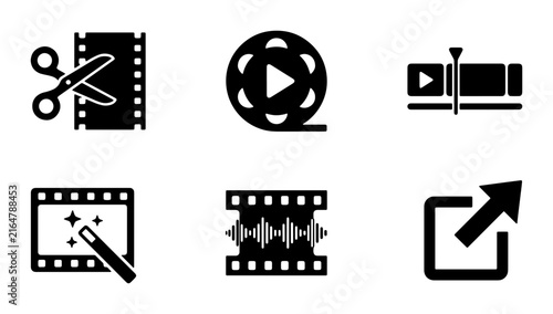 Video editing icon set, 6 black minimalist film production symbols, cinema post-production vector graphics, movie software UI elements