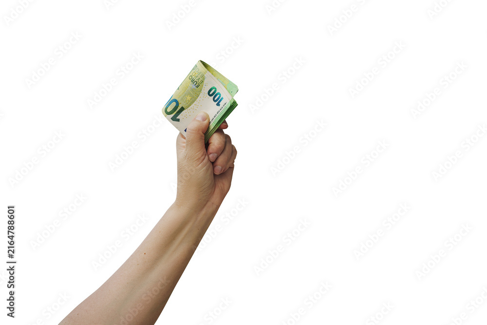 Naklejka premium A stack of euro banknotes held in a hand, isolated against a plain background. A thick roll of euro banknotes.