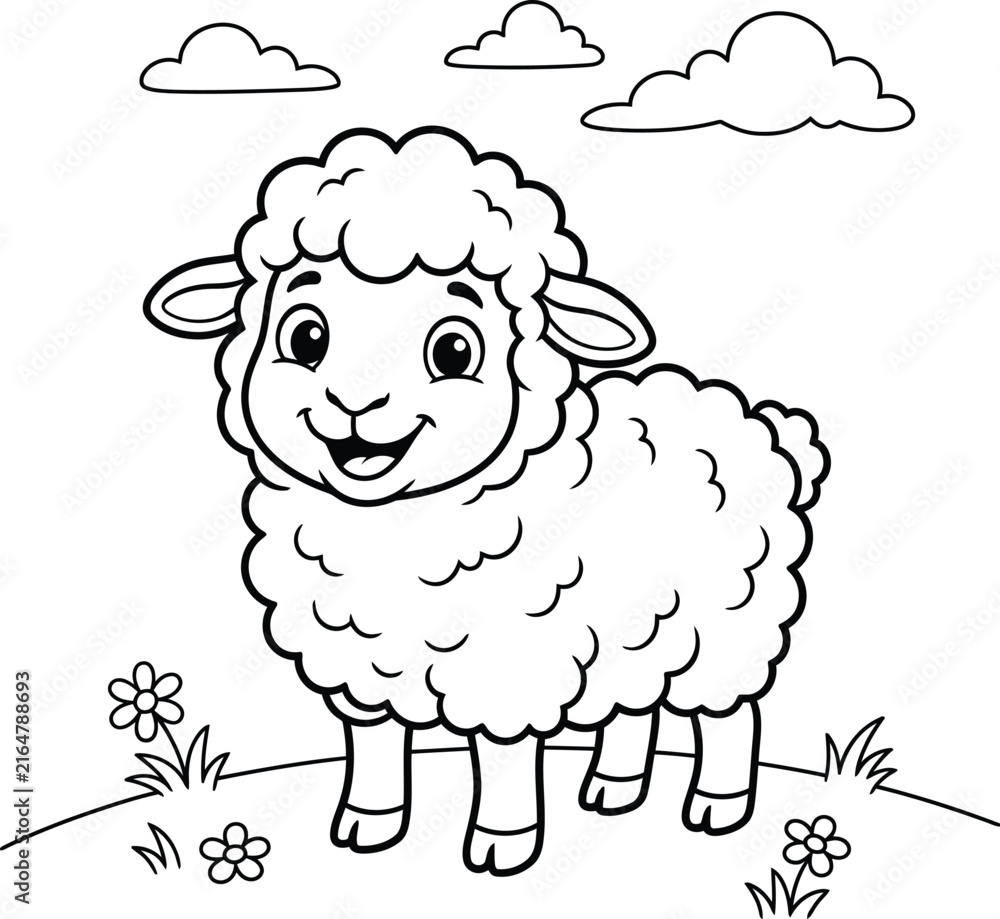 Obraz premium Cute cartoon lamb standing in a field with flowers and clouds isolated on transparent background