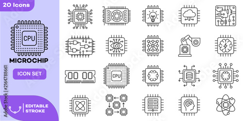 Microchip Processor Technology Line Icon Set. CPU Semiconductor Electronics Outline Symbol Collection with Circuit Board, RAM, AI Chip, Neural Network and Quantum Computing Icons. Editable Stroke 
