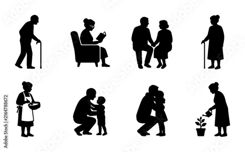Elderly people silhouette set, senior citizens lifestyle icons. 8 vector silhouettes of grandparents gardening, reading, and walking.