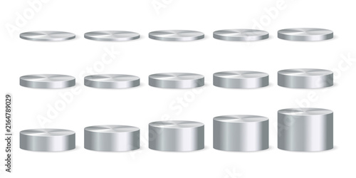 Realistic Silver Cylinder Podium Mockup Set with Multiple Heights, Round Metal Display Pedestal for Product Presentation, Blank 3D Vector Illustration