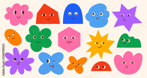 Cute colorful abstract shape characters with funny faces. Set of playful geometric and organic shapes including flowers, stars, clouds, blobs. Cartoon style illustrations for kids, education, stickers
