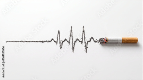 burning cigarette forming an electrocardiogram heartbeat line out of ash on white background, conceptual image representing tobacco addiction, cardiovascular disease, cancer and health risk