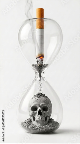 burning cigarette inside an hourglass with a skull at the bottom and scattered pieces of paper with the words 'tiempo', 'reloj de arena', 'tabaco', 'cigarro', 'cáncer' and ash on the ground