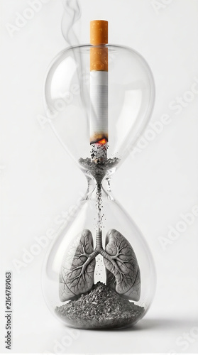burning cigarette in an hourglass dropping ash onto human lungs isolated on white background, conceptual image representing tobacco addiction, cancer, respiratory disease and running out of time