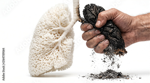 human hand crushing a healthy porous white lung turning it into black ash, conceptual image representing tobacco addiction, smoking, cancer, 