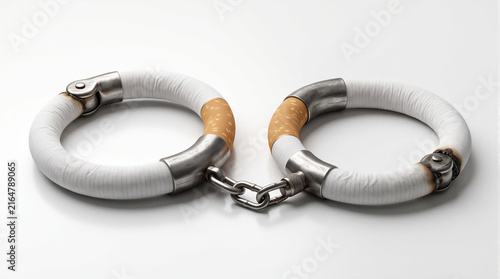 handcuffs made of cigarettes isolated on white background, conceptual image representing tobacco addiction, dependence, nicotine trap and health danger