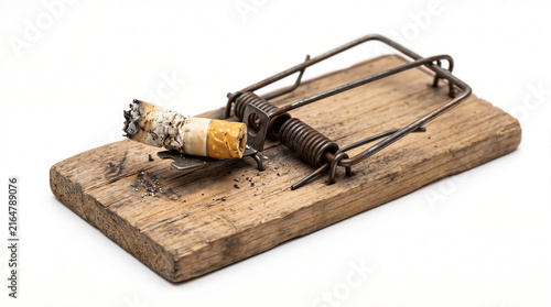 lit cigarette butt placed as bait on a wooden mousetrap isolated on white background, conceptual image representing tobacco addiction, nicotine trap, cancer and health danger