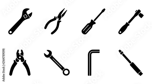 80 Set of 8 Black Silhouette Icons: Wrench, Pliers, Screwdriver, Ratchet, Allen Key, Tools Collection for DIY, Repair, Construction, and Maintenance Concepts 100
