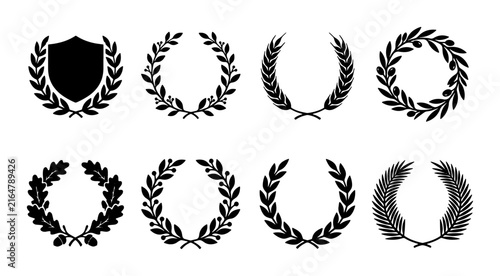 Laurel Wreath Vector Icons Set, Award and Victory Symbols, Decorative Emblem Elements, Vintage Recognition Badges