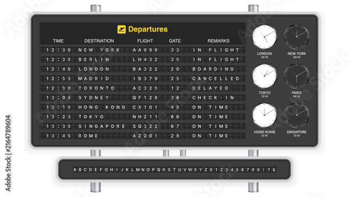 Realistic Airport Departure Flip Board Display with World Clocks, Mechanical Split Flap Flight Information Board, Vintage Airport Timetable Vector Illustration
